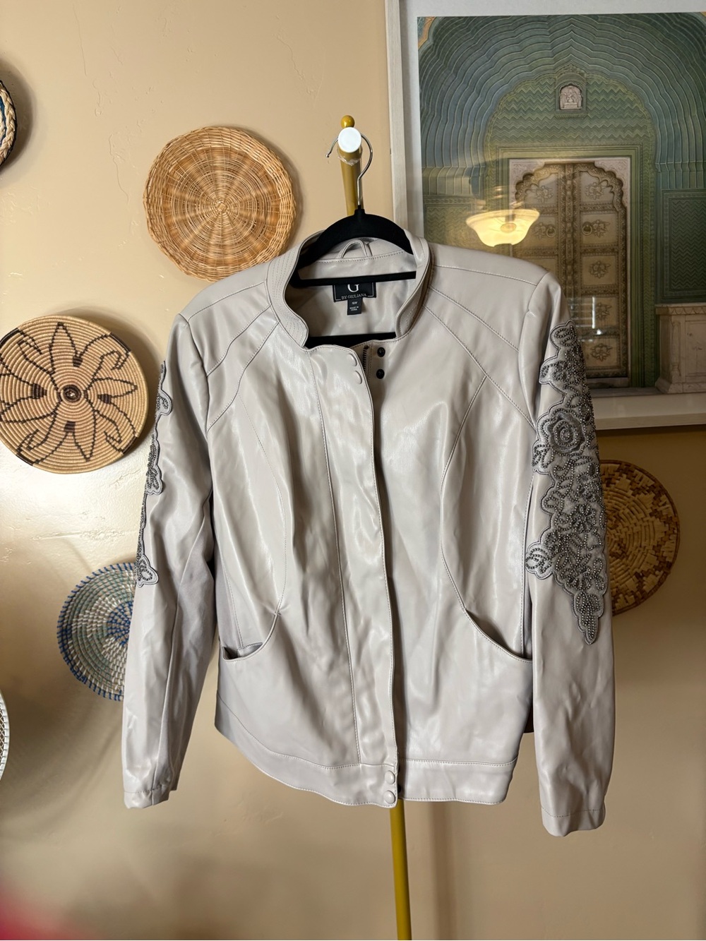 Women’s Light Gray Embroidered Faux Leather Jacket